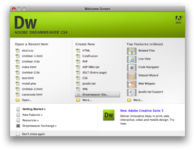 Dreamweaver startup menu.png